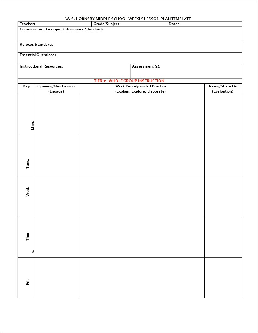 Weekly Lesson Plan Template Microsoft Word