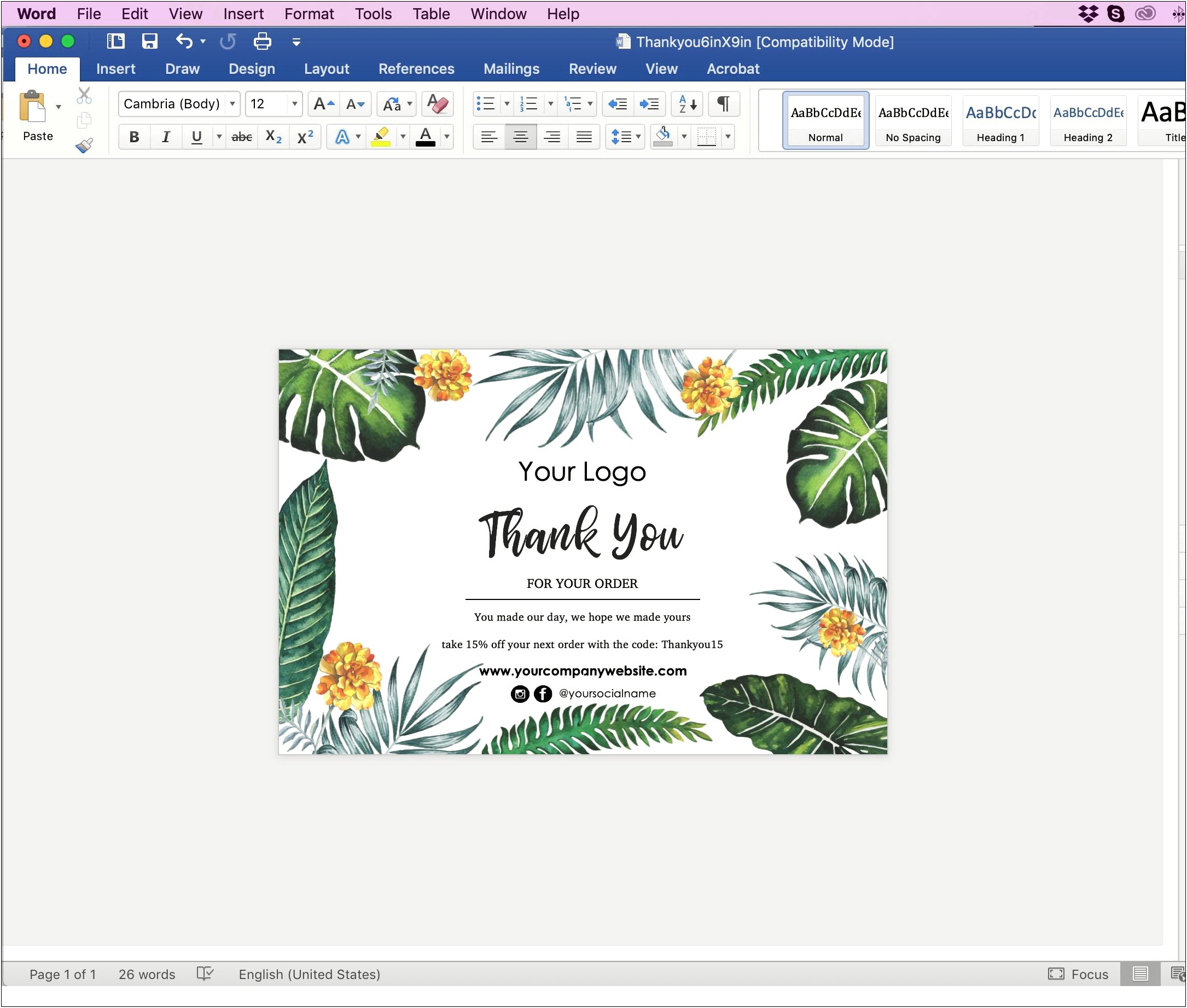 Word Template For Thank You Card